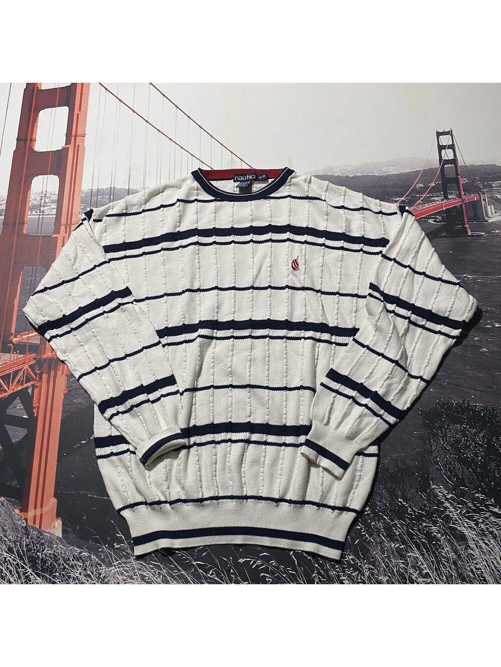 VTG 90s Nautica Men's Medium Sweater Striped Cable Knit Crewneck Logo Hong Kong